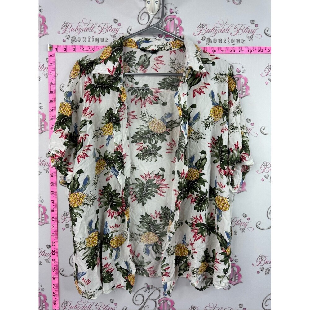 Coofandy shirt White Tropical Pineapple Print Button-Front Shirt